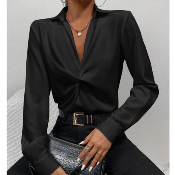 Twist Front Black Office Shirt Long Sleeve Collar Neckline V-Neck - Picture 1 of 8